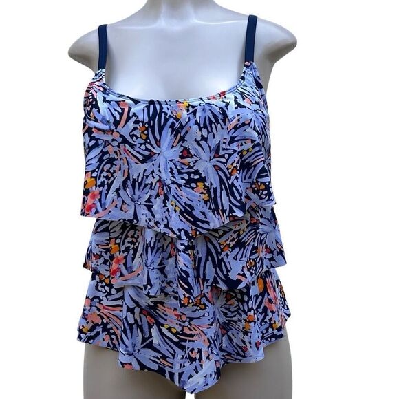 INTL Details Swim Tankini Top Women's Medium Multicolor Printed Tiered Ruffle - Picture 2 of 14